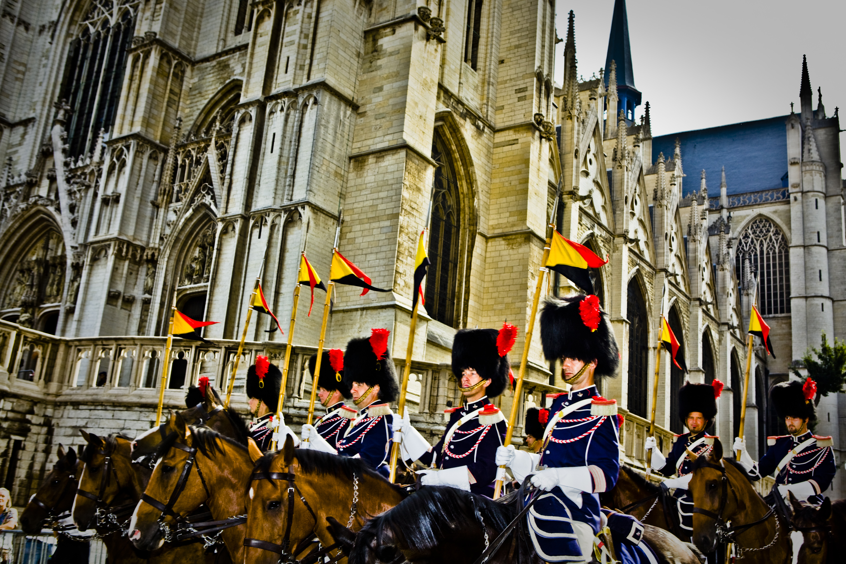 Military parade around the Saint Goedele Cathedral, Brussels